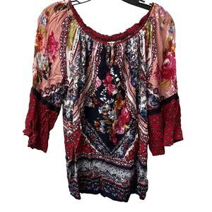 Bila‎ Boho Floral Blouse Top Bell Sleeves Flowy Allover Print Womens Size Medium